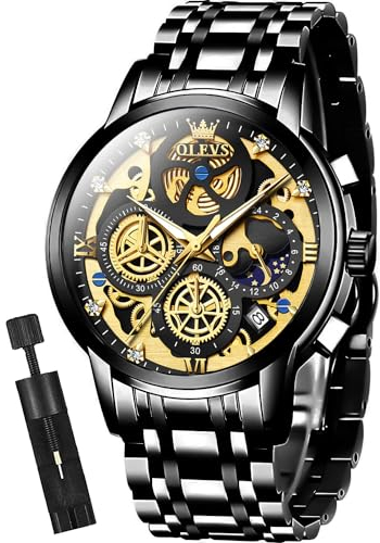 OLEVS Skelettuhren für Herren Schwarz Analog Quarz Multifunktional Chronograph Easserdicht Luxuriös Modisch Leuchtend Armbanduhren für Herren