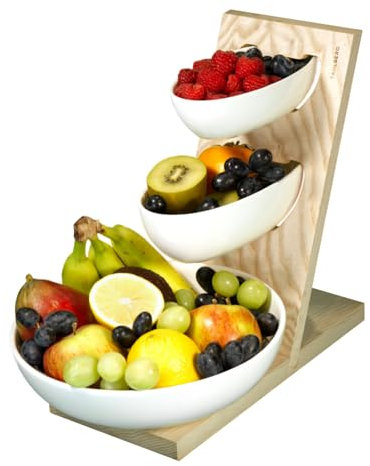TAHLBERG Obstetagere 100% Made in Portugal - Hochwertiger Obstkorb aus Massivholz - Etagere mit 3 Etagen - Obstschalen aus Keramik - Obstetagere für Aufbewahrung & Servieren von Obst, Gemüse & Snacks