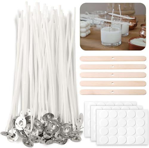 CZ Store®- Juego de Mechas para Velas |60 PZS| 10CM |✮GARANTÍA por Vida✮| Soportes para mechas de Madera X5 + Pegatinas de Mecha X60|Algodón Orgánico Natural, Pre Encerado con Cera de Soja - Duradero