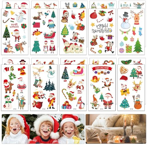 Kindertattoo Weihnachten, 20 Blatt Weihnachten Temporäre Tattoos, Weihnachtstattoos, Temporäre Tattoos Weihnachten Aufkleber, für Weinachtsdekorationen Mitgebsel Kindergeburtstag