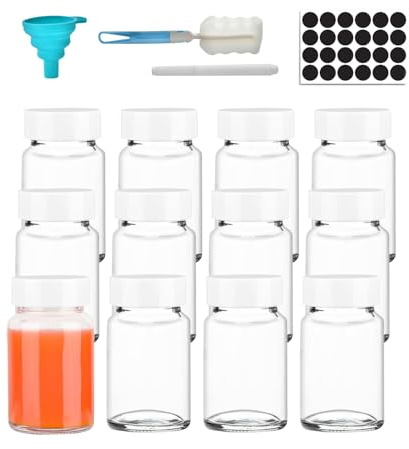 Hniuyun 2 oz Glass Shot Bottles With Lids & 24 Labels - Wide Mouth 60 ml Clear Mini Jars for Ginger, Juice, Potion, Liquids (12 Pack)
