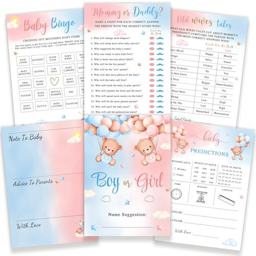 Heboland 4 Fun Gender Reveal Bingo Games - 74Pcs Teddy Bear Newborn Baby Prediction Cards for 24 Guests, Boy or Girl Bingo Games Blue Pink Bear Gender Reveal Ideas, Mommy or Daddy & Old Wives Tales
