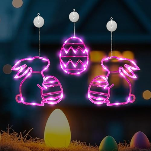 3 Stück Osterdeko Hasen Fenster Licht, Ostereier Aufhängen Lichterkette mit Saugnapf, Ostern Hase Fenster Lichterkette Batteriebetrieben, Ostern Fenster Licht für innen Schlafzimmer Deko (Warm)