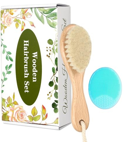 Baby Holzbürste und Kamm Set, 2 Stück Natürliche Ziegenhaarbürste mit Wiegenkappe Kamm für Neugeborene Kleinkinder Neugeborene Jungen Mädchen (Grün)