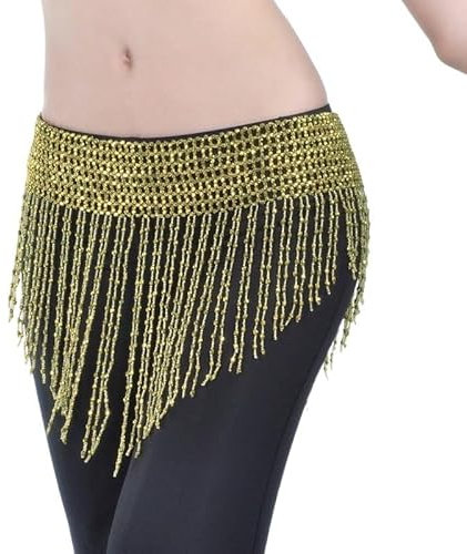 Bauchtanz Kostüm Damen,Bauchtanz Hüfttuch Frauen Bauchtanz Kleidung Quaste Hüfte Schal Bauchtanz Elastic Wickelgürtel mit Gold/Silber Perlen Fransen(Light gold beas)