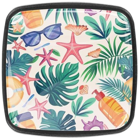 4 pomos para cajones de cómoda, elementos de playa, lentes de sol, hojas de palma, estrella de mar, ABS, tiradores cuadrados para armario de cocina, armario, hardware y dormitorio