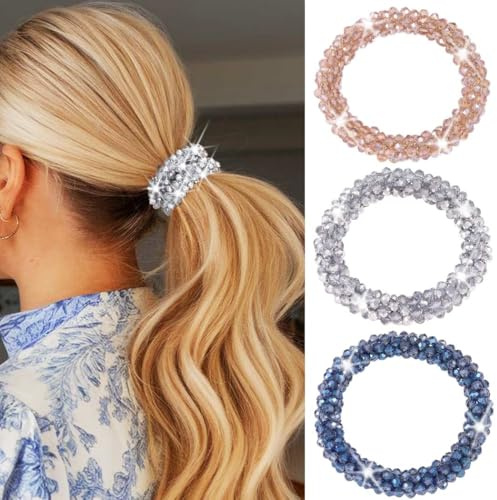Zoestar Strass-Haargummis, elastisch, Pferdeschwanz-Halter, Kristall-Haarbänder, Perlen, Haargummis, Glitzer, Haarschmuck für Frauen und Mädchen (3 Stück)