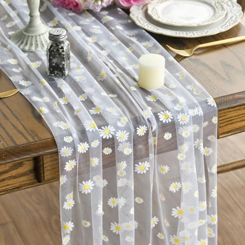 Artoid Mode Weiß Gänseblümchen Sommer Tüll Gaze Tischläufer 70x300 cm, Küche Tisch Dekoration Drinnen Urlaub Party Dekor