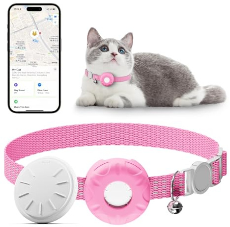 Cat GPS Tracker for Cats, Waterproof Pet GPS Tracker, Compatible with Apple Find My App (Only iOS), No Monthly Fee (White Tracker, Pink Cat Collar)-2025091601
