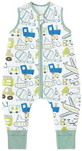 Chilsuessy Baby Schlafsack mit Füßen 1.5 Tog Kleine Kinder Schlafsack mit Beinen Schlafstrampler für Jungen und Mädchen, 1.5 Tog/Cartoon Transport, 100cm/Baby Höhe 110-120cm