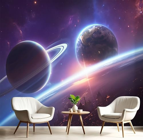 Fototapete 3D Effekt Weltraum Planet Dekoration Wandbild, Universum Vlies Tapete 200×140cm(W×H) Wandtapeten,220g/m2 Fototapete Moderne XL Panorama Wanddeko Lila