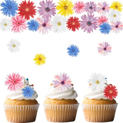 Gleevio Essbare Blumen für Torte Bunt,65 Stück Gänseblümchen Tortendeko Essbar,Essbare Blüten Tortendeko,Esspapier Blumen Deko Torte,Blüten Kuchen Deko Essbar,Gänseblümchen Cupcake Topper Geburtstag