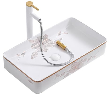 WOTZOV Lavabo Rectangular de cerámica para baño, Lavabo Moderno de encimera con Grifo, Lavabo sobre encimera fácil de Instalar, para Mueble de baño o tocador.