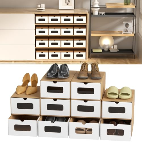 Eikuavons Aufbewahrungsboxen mit Sichtfenster & Schublade,10er Set,33x30x35 cm/Stapelbare Schuhkartons aus Pappe,Schuhbox Spielzeug-Box Aufbewahrung für Zubehör & Accessoires,Braun Weiß