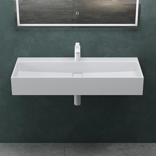 Mai & Mai Lavabo sobre Encimera Rectangular 100cm Blanco Mate Col6028 | Lavabo Suspendido Mármol Fundido, con Orificio para Grifo y Válvula Desagüe, Conexión Estándar DIN, Tapa de Desagüe Oculta