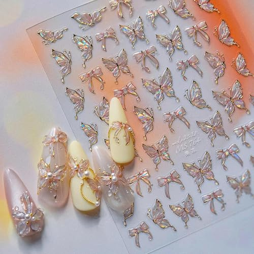 SHOFUL Schmetterling Nagelkunst-Sticker, Rosa Muschel Licht Schmetterlin, 1 Stück 5D Relief-Gel-Schmetterlinge Schleifendesign Nagel-Sticker