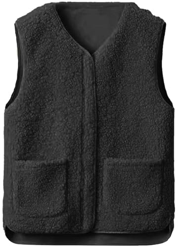 Yutdeng Teddy Weste Damen Teddyfleece Fleecejacke Ärmellose Fleeceweste mit Taschen Reißverschlüsse Plüschweste Mantel Winterweste Teddywesten Damen Flauschige Fleece Weste Winter Herbst,Schwarz,XL