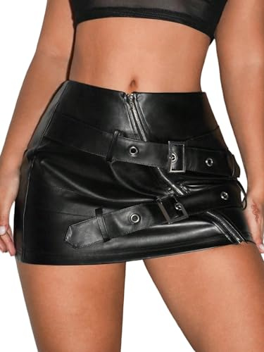 GORGLITTER Damkjol Y2k kjolar elegant minikjol med bältesdetalj läderkjol med dragkedja festkjol festoutfit, svart, L