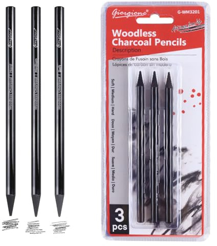 Charcoal Pencils for Drawing, 3-Pack All-Charcoal Art Pencils, Black Art Pencil Ideal for Artists & Beginners, Sketching, Shading, Blending, Portrait, Professional Artwork, Vine & Willow Effect