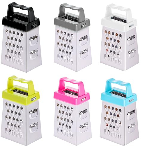 Ptwola 6 Pcs Mini Cheese Grater Professional Box Grater Stainless Steel Fine Coarse Handheld Slicer with 4 Sides Small Box Food Shredder Safe Zester (Blue + green + purple + black + white + gray)
