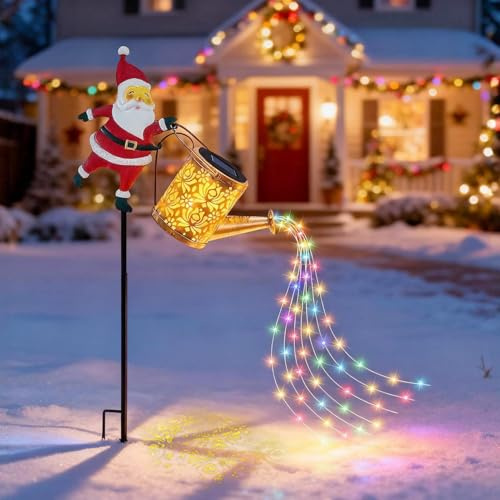 Weihnachtsmann mit Solar Kettle Weihnachtsbeleuchtung, Weihnachtsdeko Outdoor Solar Gießkanne Lichterkette Aussen, LED Außen Solarlampen Wasserdicht Gartendeko Gießkannenlicht für Weihnachten Deko (B)