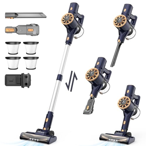 Vortisys Aspirapolvere Senza Fili 350W/45000Pa, Scopa Elettrica Senza Fili con Anti-Avvolgimento, 5 Stadi Filtrati, Batteria Rimovibile, Portatile Ciclonico Silenzioso per Tappeti/Pavimenti