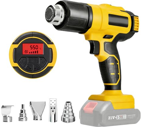 Battery Heat Gun for Dewalt 20 V Battery, Wireless Heat Gun with LCD Display and 5 Nozzles, Temperature Up to 550 °C, Hot Air Gun Battery for Removal, Crafts, Soldering, Heat Shrink Tubes (without
