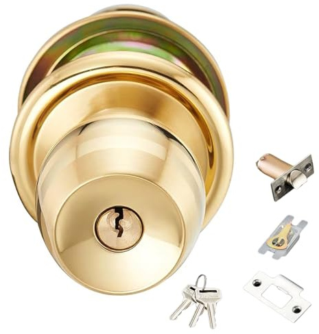Pomo de puerta de entrada con llave, acabado de latón, reversible, redondo, seguro, mejoras para puerta de entrada delantera