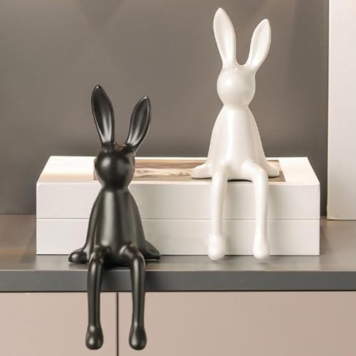 Osterdeko Keramik Osterhasen Figuren 2er Set – Osterhase Deko Schwarz & Weiß, Modern Osterdeko Innen, Deko Hasen Skulptur für Tisch, Fensterbank & Wohnzimmer, Frühlingsdeko Ostern (Schwarz + Weiß)