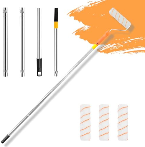Paint Roller Kit,Paint Roller Brush Set with 3 Replacement Painting Rollers and Detachable Stainless Pole,Long Reach Wall & Ceiling Painting Rollers for Walls Ceiling Tools
