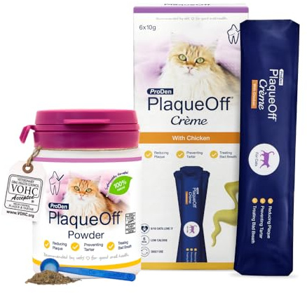 ProDen PlaqueOff Pack Polvo para Gatos 40g y Crema Dental para Gatos Pack 6 Sobres Sabor Pollo – Limpiador Dental 100% Natural, Fórmula Gatos Exigentes, Ayuda a Eliminar Placa, Sarro y Mal Aliento