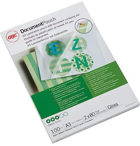 GBC Laminierfolien A3 80 mic, Robuste Laminiertaschen im 100er Pack, Glänzend, Transparent, Ideal für Büro & Schule, IB583032