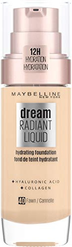 Maybelline Foundation Fond de Teint Hydratant Liquide Dream Radiant avec Acide Hyaluronique et Collagène - Couverture Légère et Moyenne jusqu'à 12 Heures d'hydratation, 40 Fawn