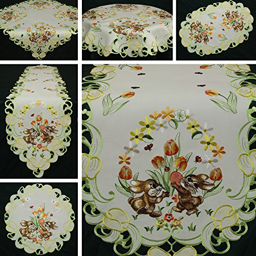Ostern Tischläufer/Tischdecke Weiß mit gelb-orange Tulpen, Marienkäfer Stickerei - Größe wählbar (ca. 30 cm Rund)