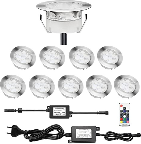 Treppen Bodeneinbaustrahler 10er Set, RGB Farbwechsel-LED Terrasse Licht IP67 Wasserdicht, Ø60mm Aussen Einbauleuchten, DC 12V 1W Für Küche Und Garten