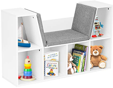 GIANTEX Kinder Bücherregal mit Sitzkissen, 6 Fächer, 2 Ebenen | Kinderregal als Raumteiler mit Sitzbank bis 80kg belastbar, Aufbewahrungsregal für Wohnzimmer und Kinderzimmer