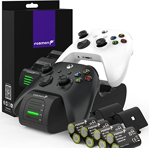 Fosmon Quad Pro 2 Max Caricabatterie Compatibile con Controller Xbox Series X/S (2020), Xbox One/One X/One S Elite Controllers, (Two Slot) Docking Station con 4 x 2200mAh Batterie ricaricabili - Nero