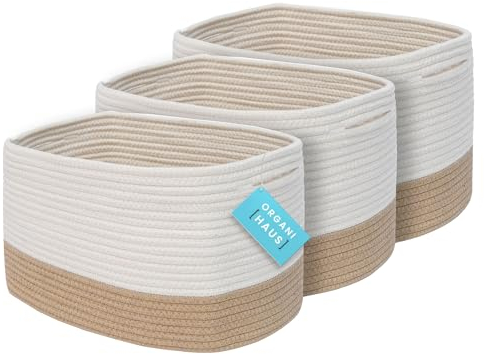 OrganiHaus Set of 3 Woven Cotton Rope Baskets for Shelves, Toy Storage, Bathroom, Blanket, Towel, Shoe Storage, White