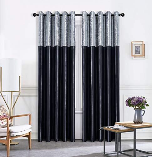 ROOEE Crushed Velvet Faux Silk Curtains - Eyelet Ring Top and Fully Lined (Black Silver, 46 Wide x 54 Drop)