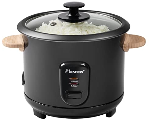 Bestron Reiskocher mit Holzgriffen, für 4-6 Personen, inkl. Messbecher & Reislöffel, mit Warmhaltefunktion, 1 Liter Fassungsvermögen, 400 Watt, Farbe: Schwarz