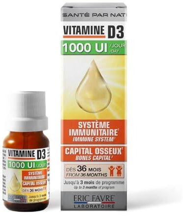 VITAMINE D3 - Vitamine D3 et Vitamine E Naturelles - Renforce Capital Osseux et Système Immunitaire pour Tous - Compte-gouttes de 20ml (400 gouttes) - Eric Favre