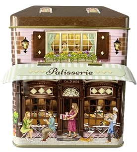 stylebox - Barattolo di latta a forma di casa di città, casetta con scritta “Patisserie”, scatola decorativa di circa 12 x 7,5 x 15 cm. Volume: 1000 ml