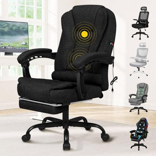 ELFORDSON Massage Office Chair for Home Office, Desk Chair 77 cm High Back 150° Recliner Tilt Function Padded Swivel Fabric, Black