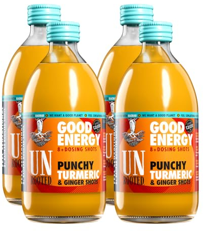 UNROOTED Punchy Turmeric Shots Multipack - Immune System and Natural Energy Booster - 4 x 500ml Dosing Bottles - Turmeric, Ginger, Orange, Carrot & Baobab