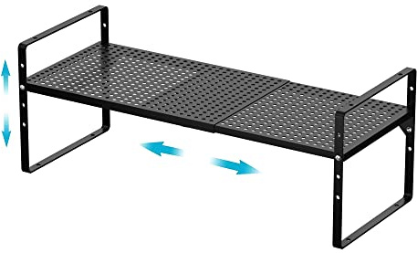 iPEGTOP Large Expandable Cabinet Storage Shelf Organizer Rack, Heavy Duty Steel Metal Spice Rack Adjustable Height Home Office Pantry Shelf Space for Counter Kitchen Organization, Black