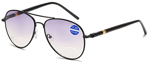 Lanomi Bifokale Pilot Lesebrille Blaulichtfilter Metall Sonnenbrille mit Sehstärke Leicht Grau Leser UV Schutz Sehhilfe Lesehilfe Herren Damen Brille 1.0 1.5 2.0 2.5 3.0 3.5 4.0 Schwarz 4.0