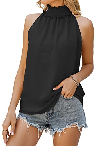 Famulily Womens Tank Tops Summer Sleeveless Ruffle Neck Casual Shirts Black S