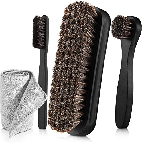 4 Pcs Horsehair Shine Shoes Brush Kit Polish Dauber Applicators Cleaning Leather Shoes Boots Care Brushes Suede Cleaner Brush with Microfiber Shoe Cloth(4 Pcs Black D)