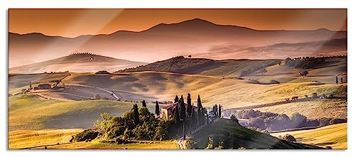 Pixxprint Glasbild Panorama, Wandbild aus Echtglas, Wunderschöne Toskana Landschaft, 100x40 cm, inkl. Aufhängung und Abstandshalter
