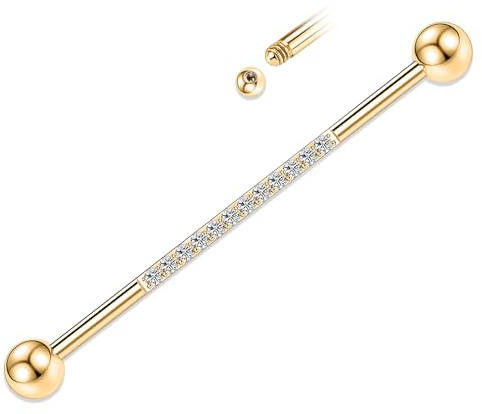 YEBOCIYO Bijou de Piercing Industriel 14G en Acier Chirurgical Doré Barre Industrielle pour Cartilage Conque Hélix Zircon Cubique Transparent 38 mm de Long Barre D'échafaudage pour Femmes et Hommes